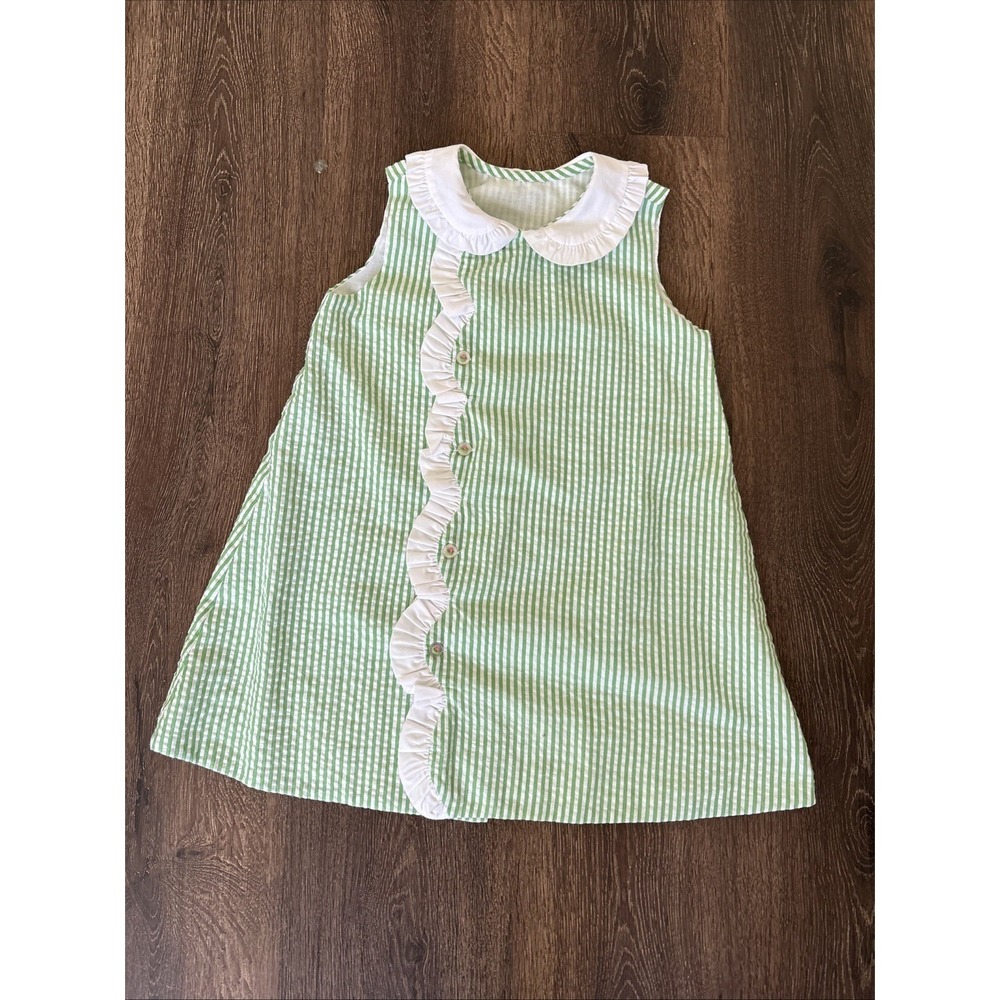Remember Nguyen Seersucker 4T Dress Green Button Ruffle Preppy Nautical Coastal